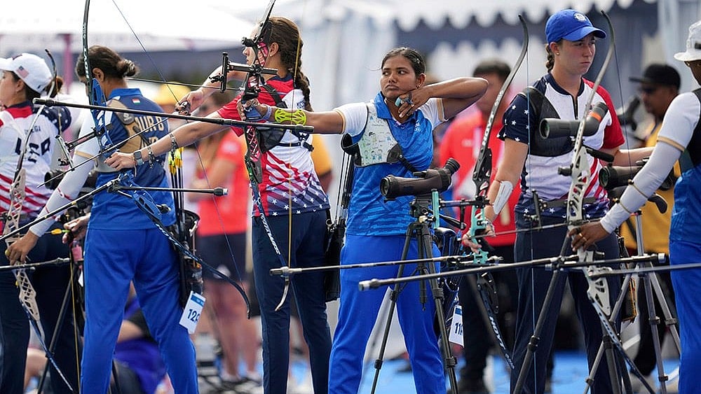 | Photo: AP/Kin Cheung : Ankita Bhakat during the women's archery individual ranking round